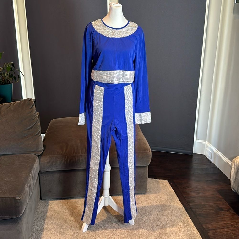 Women’s Sexy Bodycon Blue & Silver Studded Crop Top & Pencil Pants Size XL NWOT